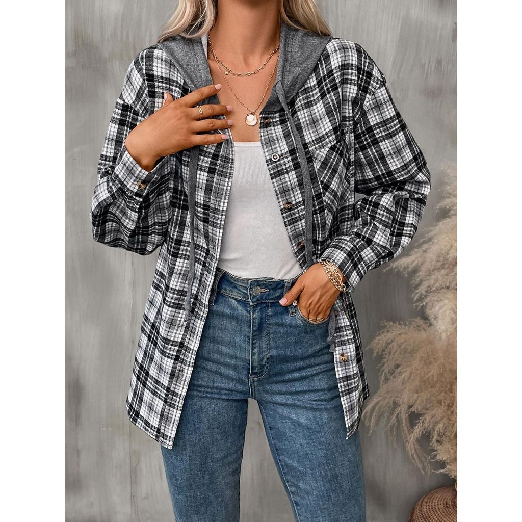 Autumn Winter New Women's Fashion Casual Plaid Colorblock Hooded Shirt Jacket