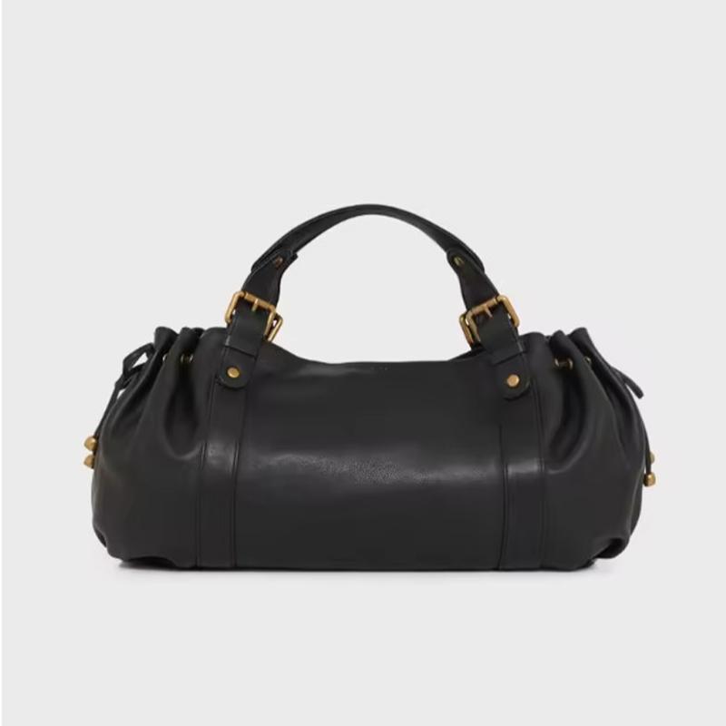 Женская сумка-ведро на шнурке, большая вместимость, кожаная сумка через плечо с металлическим акцентом, сумка-тоут, универсальная повседневная сумка чёрный