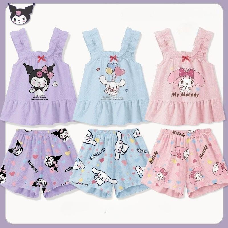 Children Suspender Set Summer Girl Pajamas Vest Shorts Cartoon Sleeveless Cute Melody Kuromi Cinnamoroll Soft Sleepwear 2PCS/Set