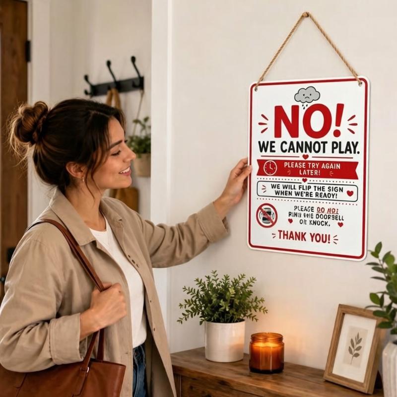 Front Door Play Status Sign, Reversible Double Sided Metal Door Hanger Plaque for Family with Kids and Neighbor Visit