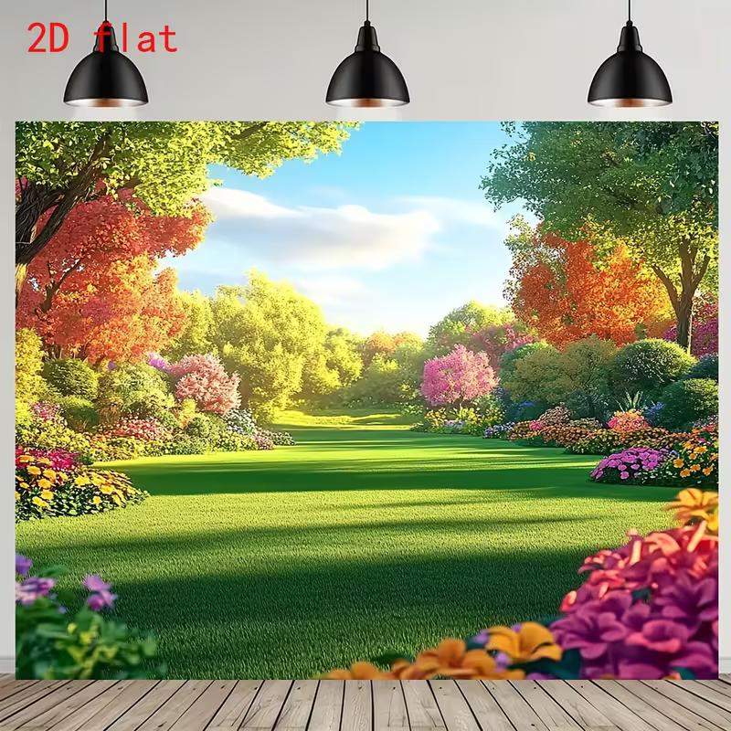 Vibrant Spring 2D Backdrop, Sunny Park & Colorful Trees Photo Background