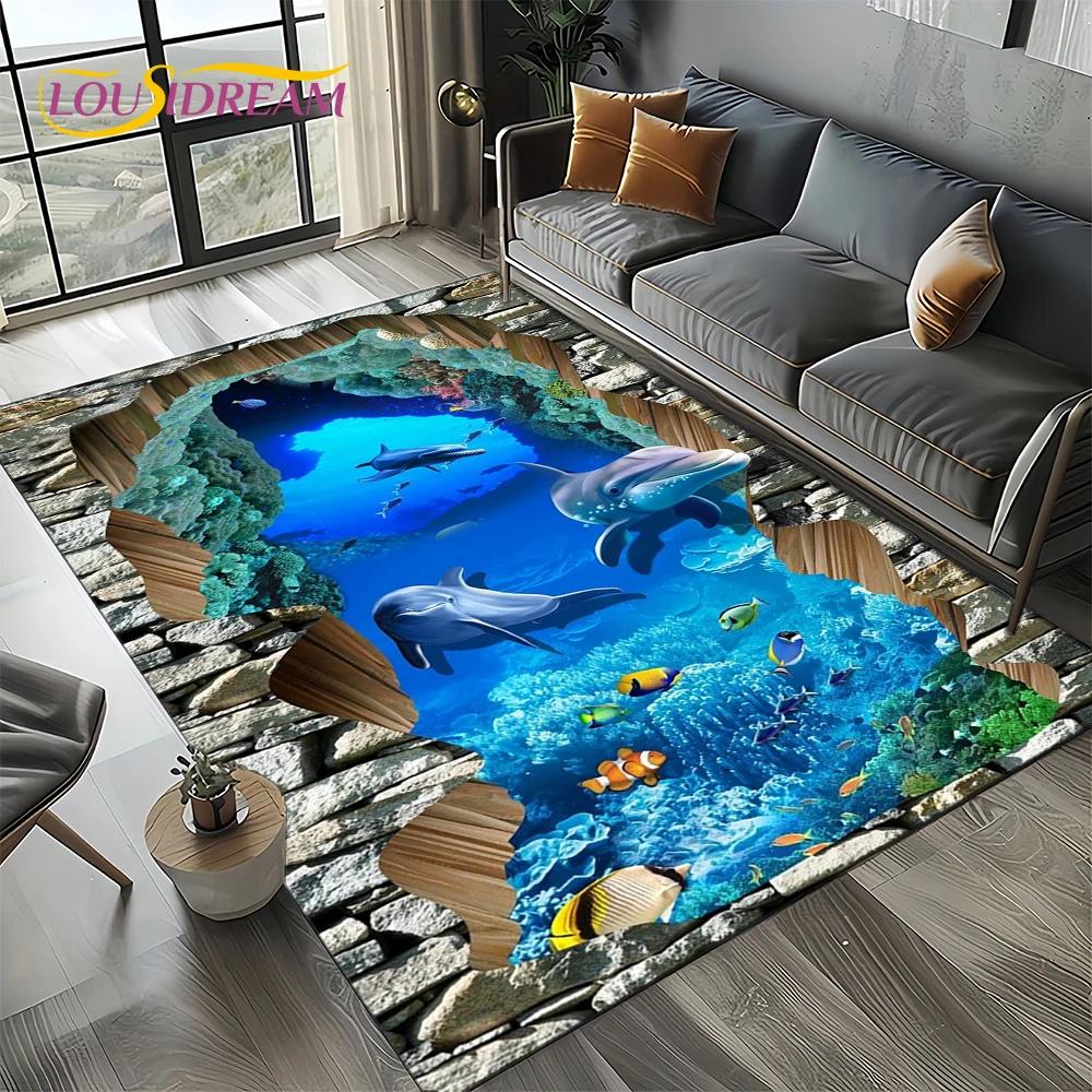 Underwater World 3D Illusion Seabed Cartoon Shark Dolphin Carpet Rug for Living Room Bedroom Home Sofa Decoration,Floor Mat Kid