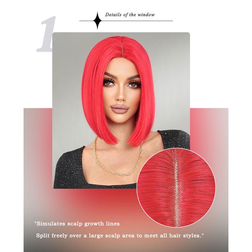 Halloween Red Short Straight Wig - Street Party Festival Middle Part Style Synthetic Machine Made Full Cap Wig, Multiple Red Options Available