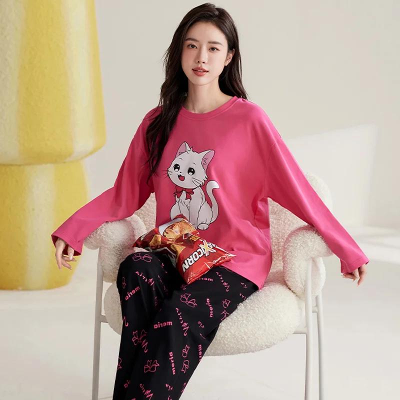 Niedliches Katzen-Pyjama-Set Damen Herbst Winter Langärmlig Lange Hose Nachtwäsche Weiche Pijamas Gemütliche Pyjamas Kawaii Nachthemd Mädchen