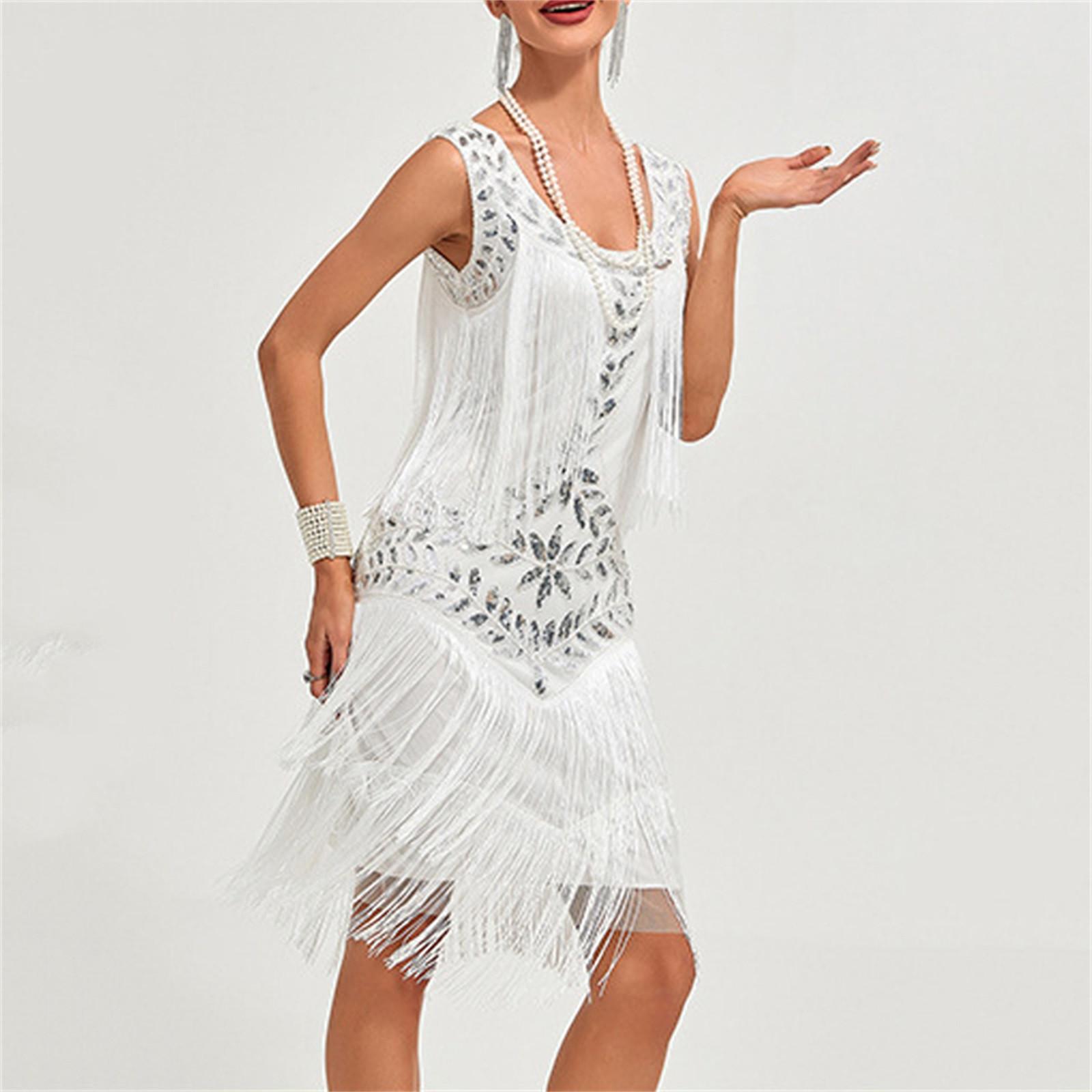 

Женское вечернее сексуальное платье, модное однотонное платье с блестками и бахромой XL белый