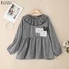 ZANZEA Women Casual Ruffles Splice Round Neck Loose Long Sleeve Plaid Print Blouse