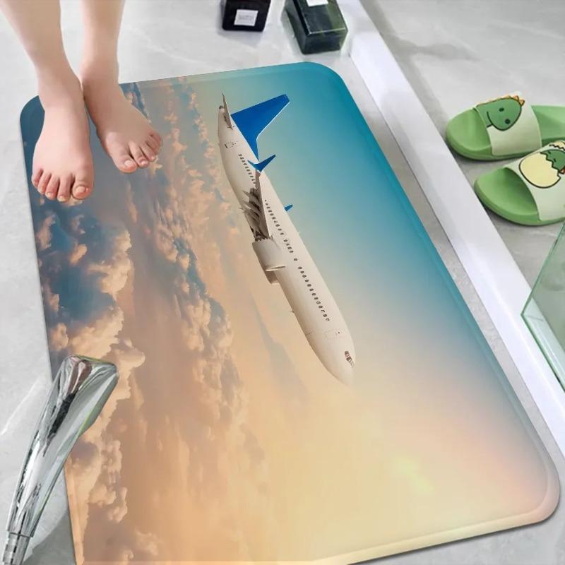 Airplane Sky Sunset Carpet Scene Anti-Slip Door Mat Polyester Nordic Home Bathroom Toilet Bedroom Hotel Decoration Floor Rug
