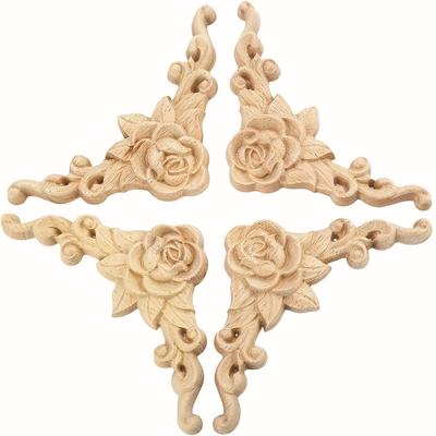 4Pcs Wood Appliques & Onlays for Furniture 3.15" X 3.15"(8x8cm) Handmade Carved Unpainted Corner Decoration for Home Funiture