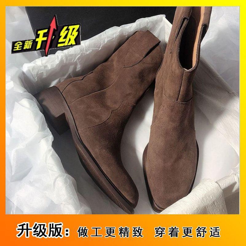 Frosted western cowboy boots medium boots 2025 autumn and winter new French Maillard retro brown low-heeled short boots women