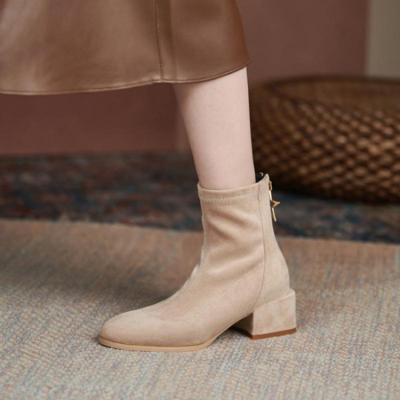 Autumn and winter suede fashion boots women's medium heel rear zipper large size women's boots round head square heel new rubber sole low boots