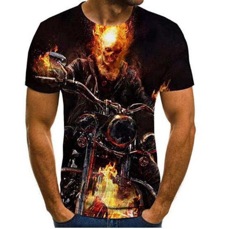 Summer Round Neck 3D Flame Skull Print Top Fashionable Casual Short Sleeved Men's T-shirts