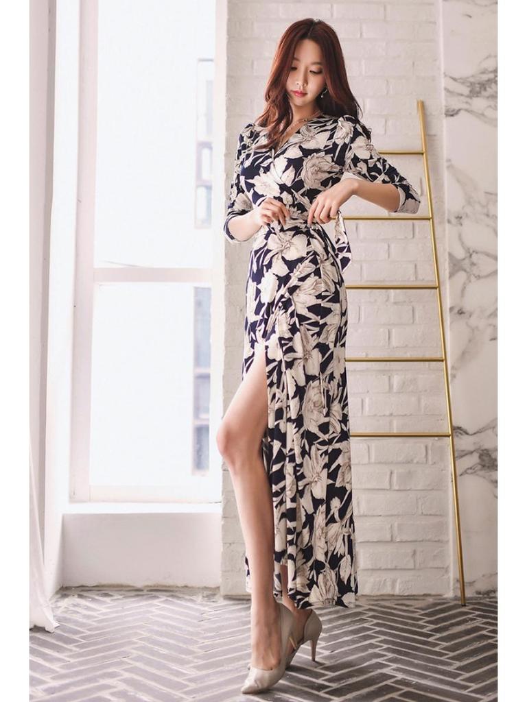 Sukienka kopertowa z szyfonu ze sznurowaniem i rozcięciem w talii - Elegancka długa spódnica