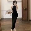 French Retro Temperament Socialite Dress Female Sexy Black Waist Slim and Thin Neck Split Hip Skirt