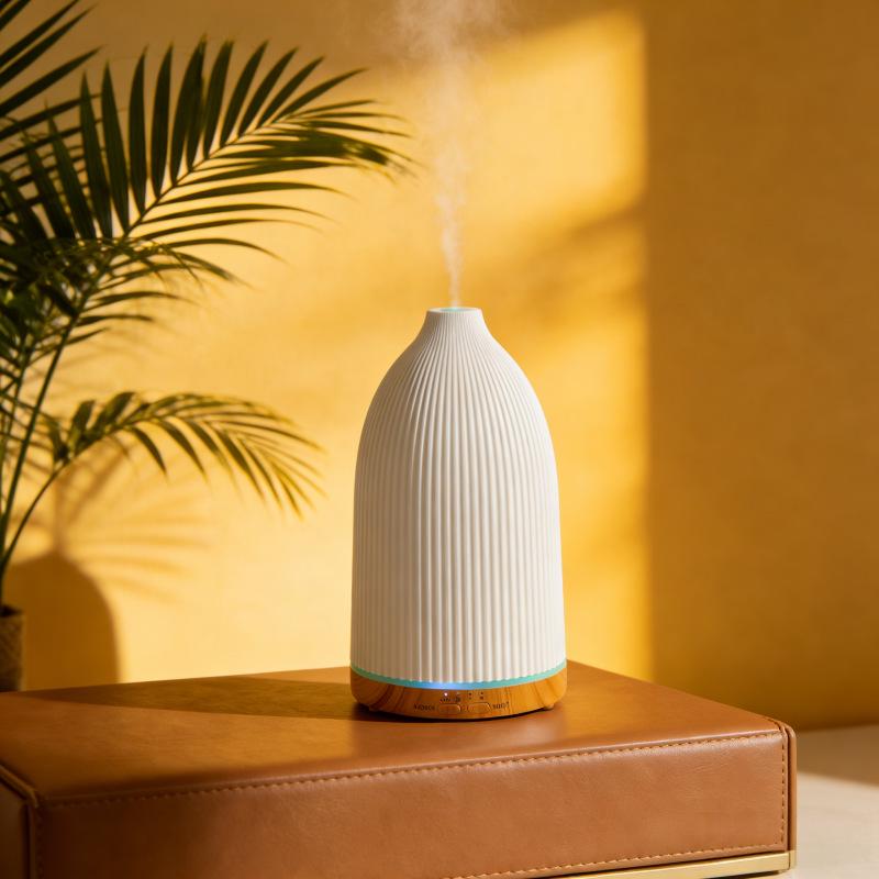 Smart Aromatherapy Diffuser & Humidifier, White Roman Pattern, Wood Grain, 7-Color LED, Silent Home Use