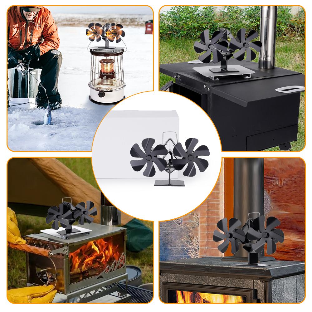 12 Blade Wood Stove Fan Heat Powered Fireplace Fan Log Wood Burner Double Head Fan Quiet Home Thermal Cycle Warm Air Heating
