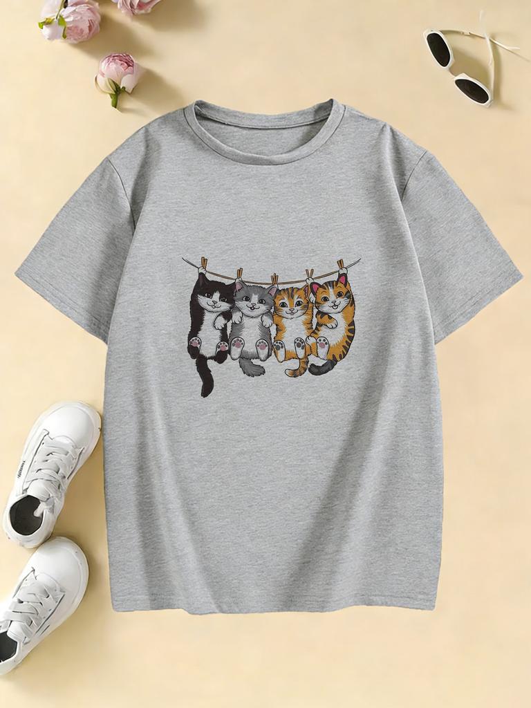 Funny Climb Cat Graphic Kids Tshirts Summer Short Sleeve Tees Cartoon Boys Girls Clothes Kawaii Kitten Tops Y2K Children T-shirt
