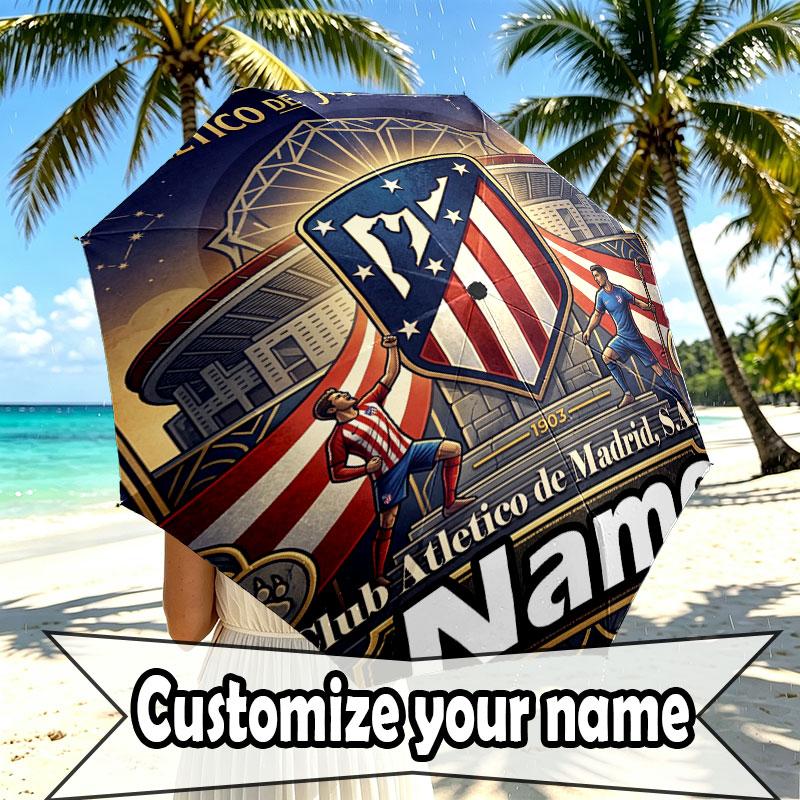 Custom Name Personalized Atletico Madrid Print Umbrella, Auto Open Close, 8‑Rib Sturdy Frame, Commute Camping Hiking Use, Birthday Gift