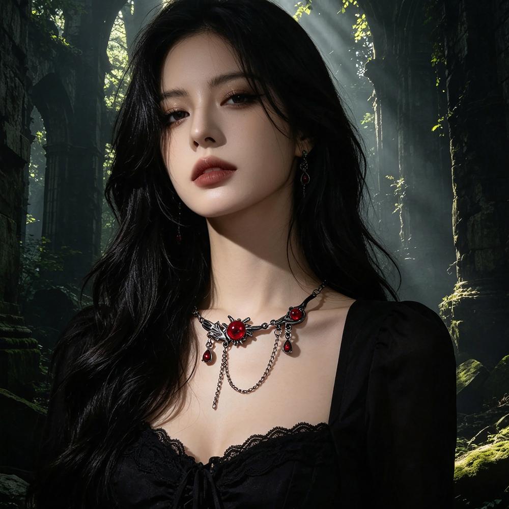 Hiphop Red Zircon Pendant Necklace for Men Chokers Black Chain Red Crystal Waterdrop Tassel Double Layered Neck Chain