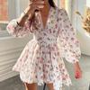 Elegant Sweet Spring Women Printed V Neck Lace Short Dress New Temperament