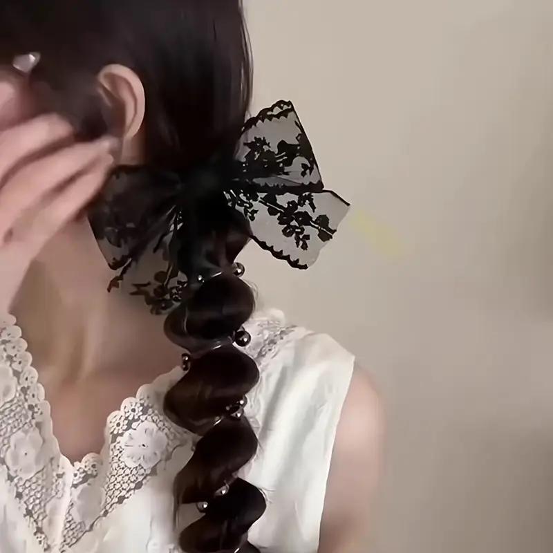 1PCS Fairy Lace Bow Bead Bubble Braid Hair Ring Hair Tie Hair Rubber Band Side Ponytail Hair Accessories