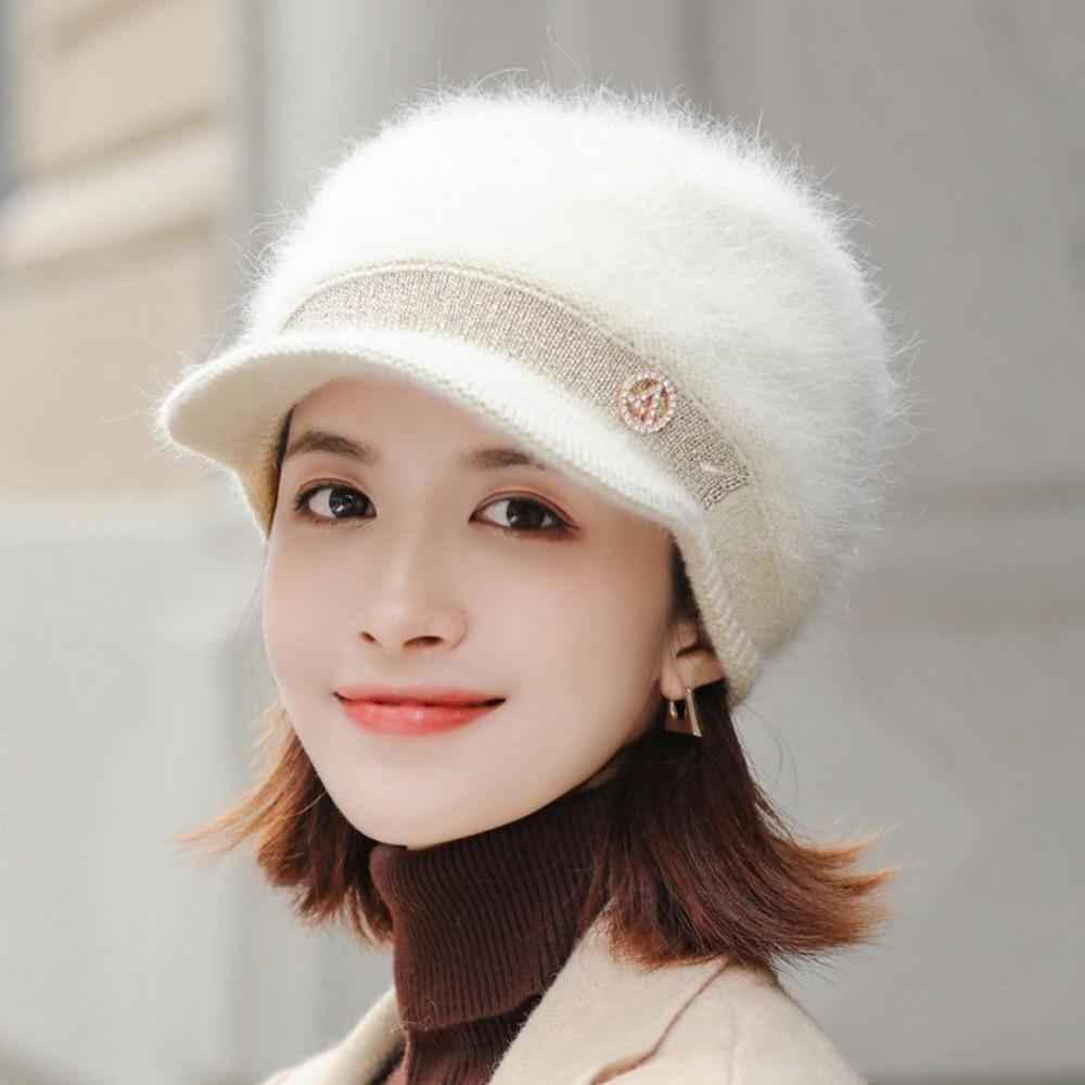 Hat Female Autumn Winter Fashion Versatile Thickened Ear Protector Warm Duck Tongue Beret Rabbit Hair Knitted Wool Hat