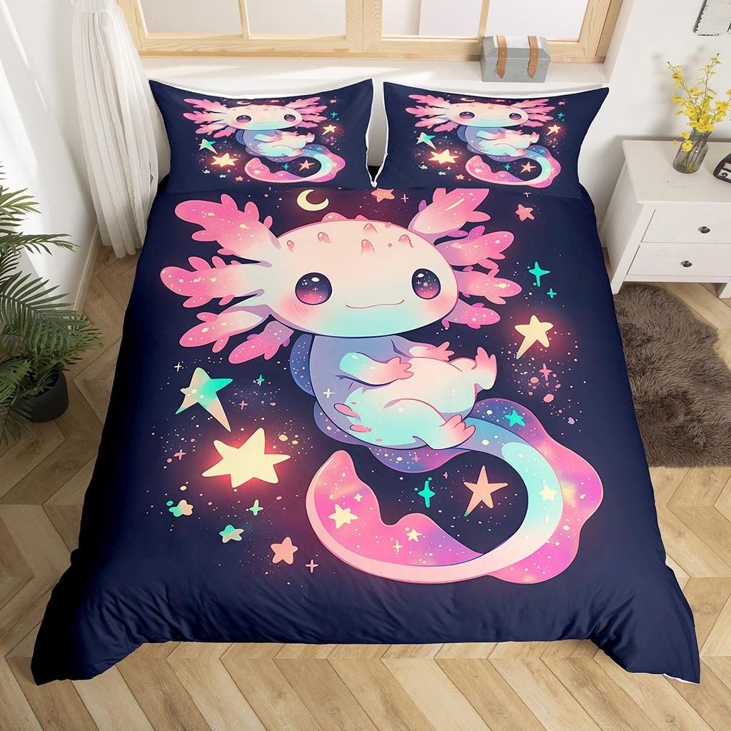 Cartoon Axolotl Duvet Cover Queen Twin Size Salamander Bedding Set for Kids Boys Girls Kawaii Sealife Creature Comforter Cover