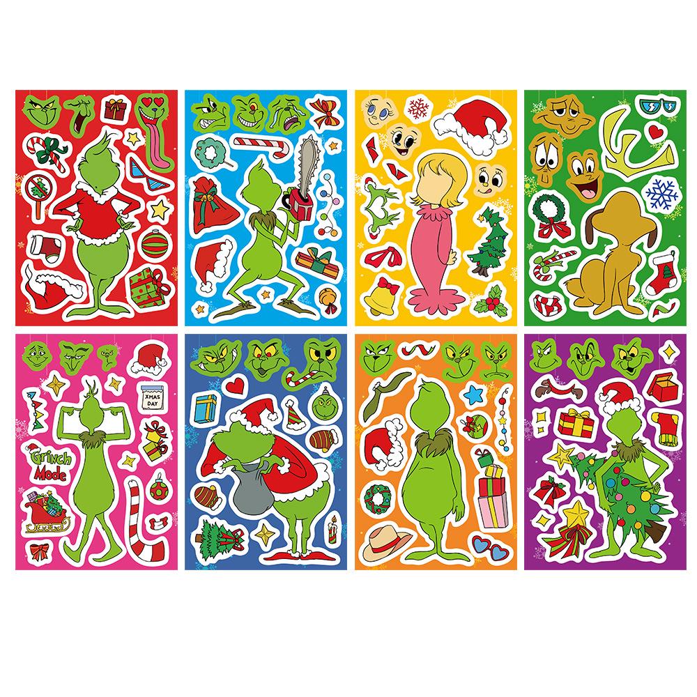 8 Cartoon Grinch Character Stickers for DIY Phone Case, Water Cup, Journal, and Christmas Decorations