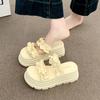 Thick-soled One-word Slippers Women's 2025 Summer New Pleated Lace High-end Wedge Heel European Goods Show High Outer Sandals