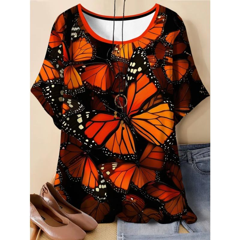 Butterfly Graphic Print All Over the Face, Plus Size Women s T-shirt, Micro-elastic Fabric, Machine Washable, Comfortable All Season Without Pendants S