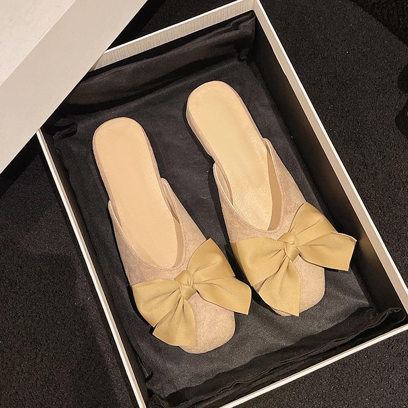 Square head bow slippers women's summer wear ins trendy year new versatile fairy flat bottom bag head half slippers