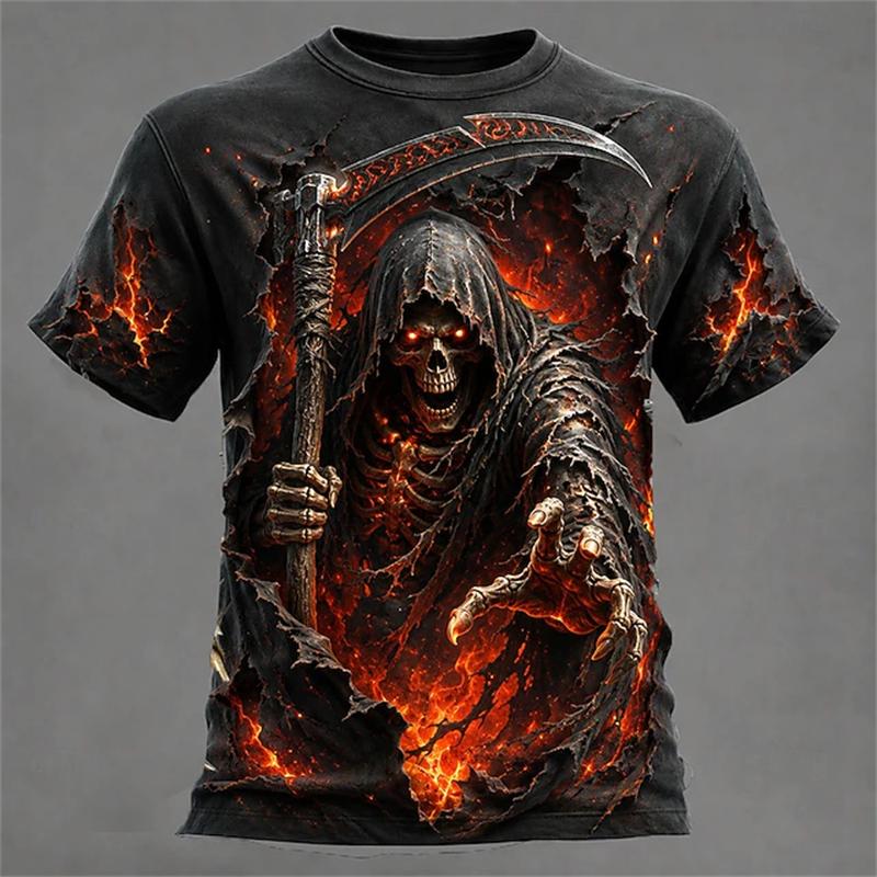 Men's New Summer Fashion Trend Round-Neck T-Shirt Giant Ram Skull Castle Wizard Dark Magic Hell Halloween-Themed Short-Sleeve