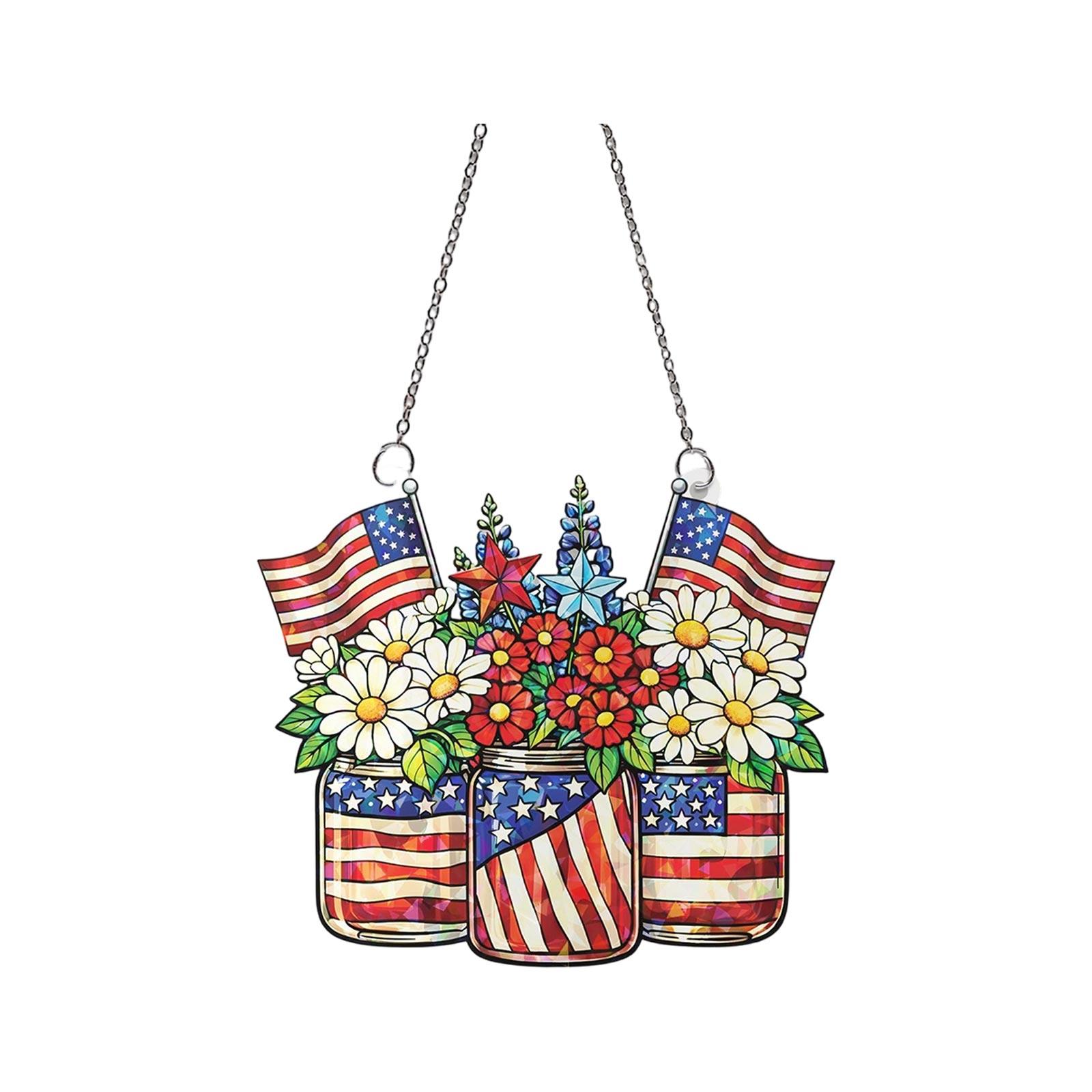 

Patriotic Acrylic Hanging Ornament Featuring Three Mason Jars with Stars and Stripes Pattern and Floral Arrangement with Chain for Display One Size