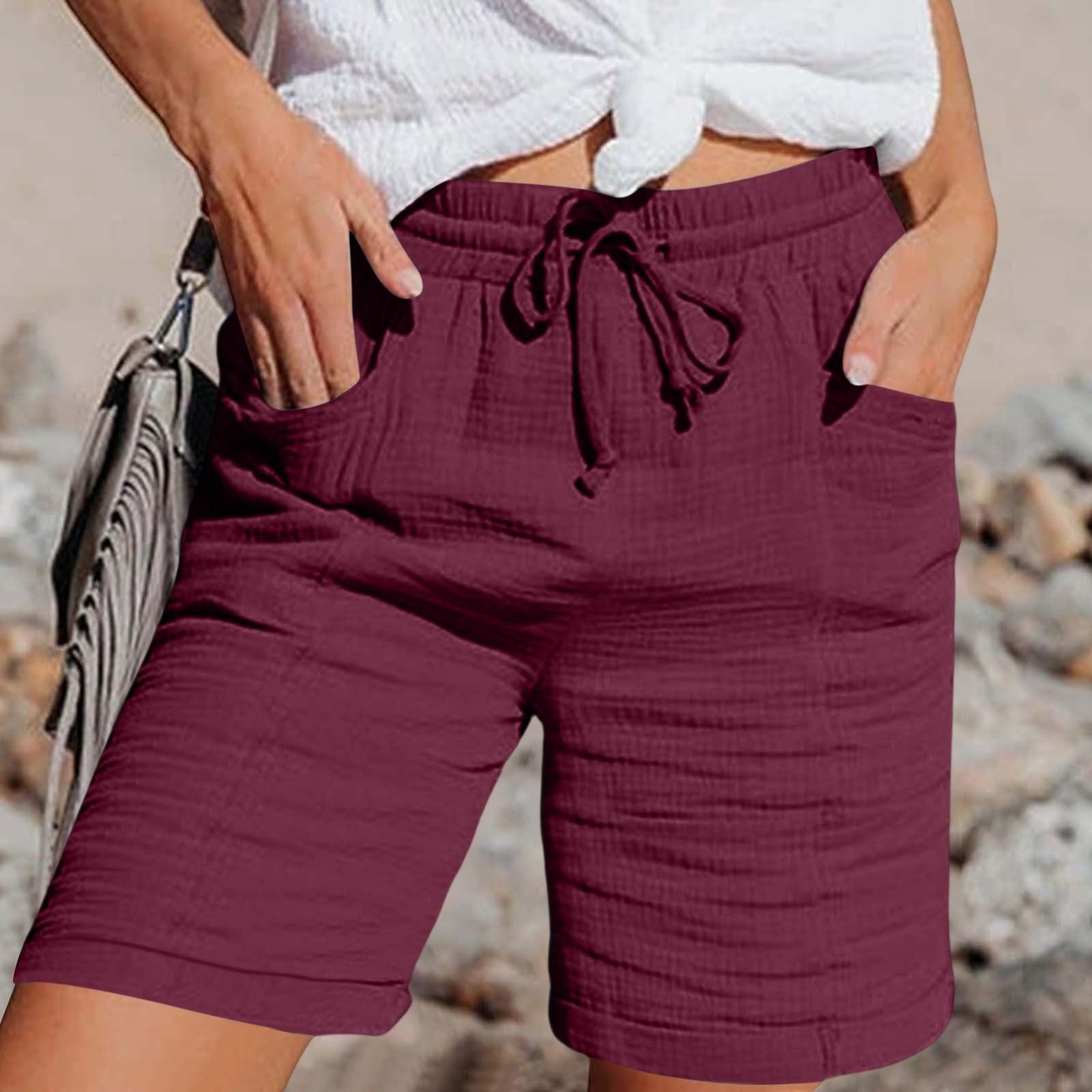 

Брюки для женщин, повседневные летние однотонные эластичные брюки с высокой талией из хлопка и льна, свободные брюки с карманами и завязками до середины штанин XL винный