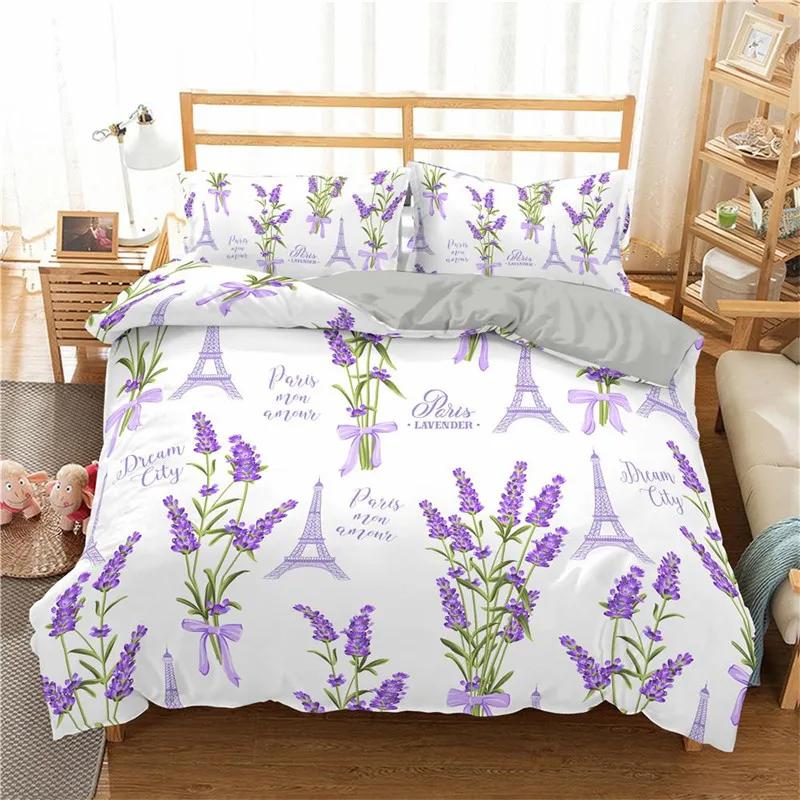 Lavender Duvet Cover Microfiber Purple Flower Bedding Set Romantic Floral Comforter Cover King Twin Botanical Bedspread Cover