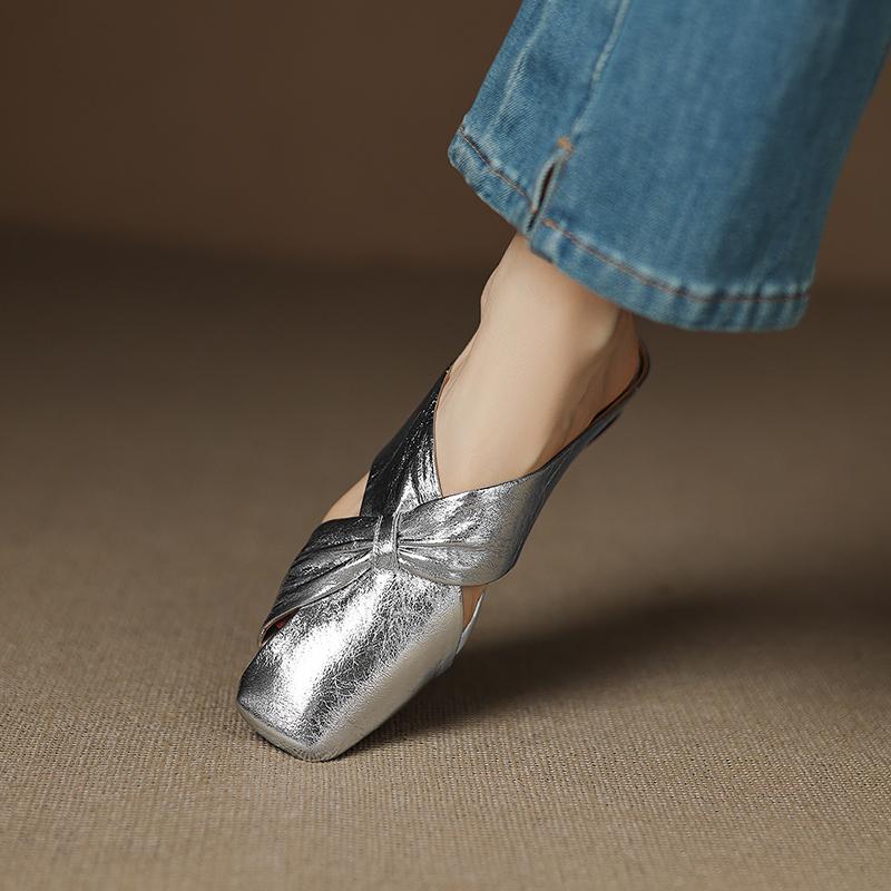 Fashion 2025 NEW Summer Women Mules Genuine Leather Shoes for Women square Toe increase height Cover Toe Slingback Sandals Slippers