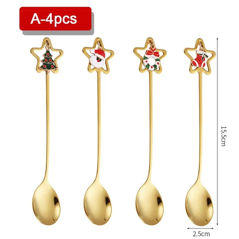 4PCS Christmas Stainless Steel Spoon Christmas Coffee Spoons Set Gold Home Restaurant Dessert Cutlery Set,Pendant for Xmas Party