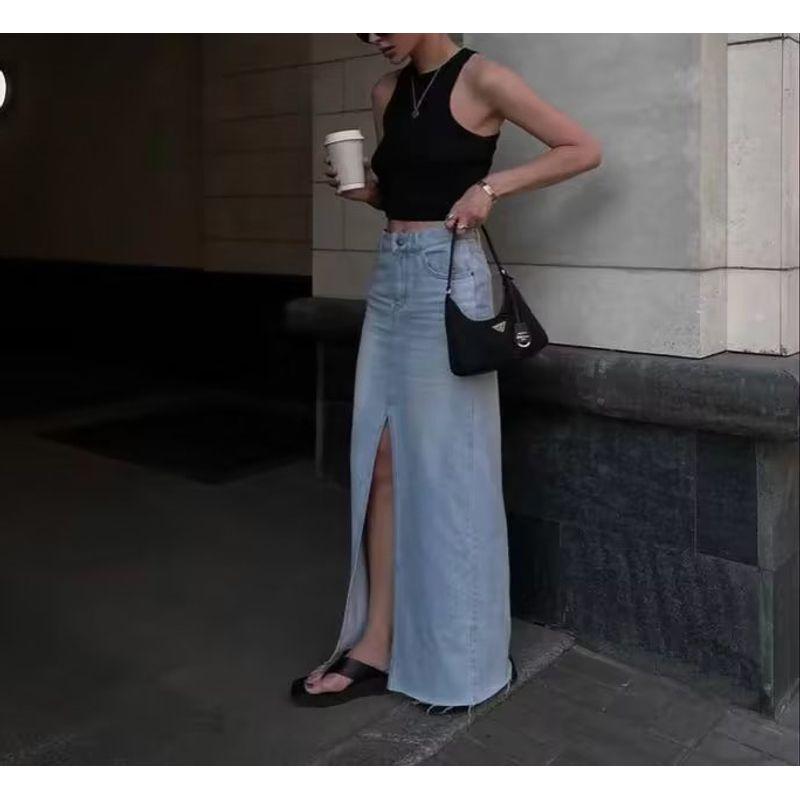 Spring New Arrival American Retro Ins Style High Waist A- Line Mid Length Long Length Front Slit Raw Edge Denim Skirt