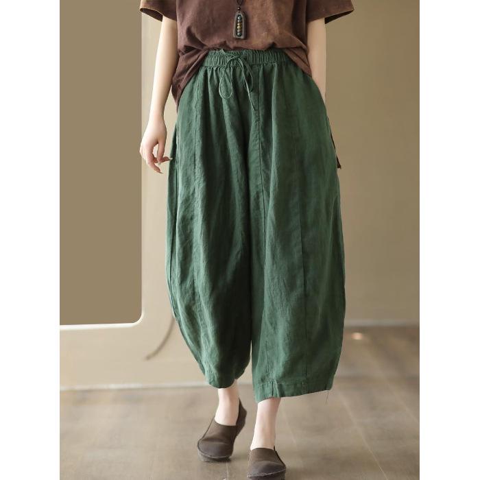 Damen Haremshose aus Baumwolle und Leinen mit elastischem Bund - Retro Patchwork, Lockerer Schnitt, Fließender Laternenstil für den Sommer