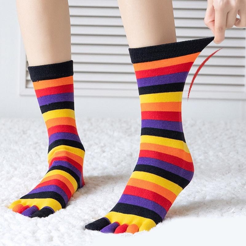 1 Pair Rainbow Toe Socks Colorful 5 Toe Calf Socks Rainbow Striped Leg Warmers Funny Long Toe Socks for Women and Girls