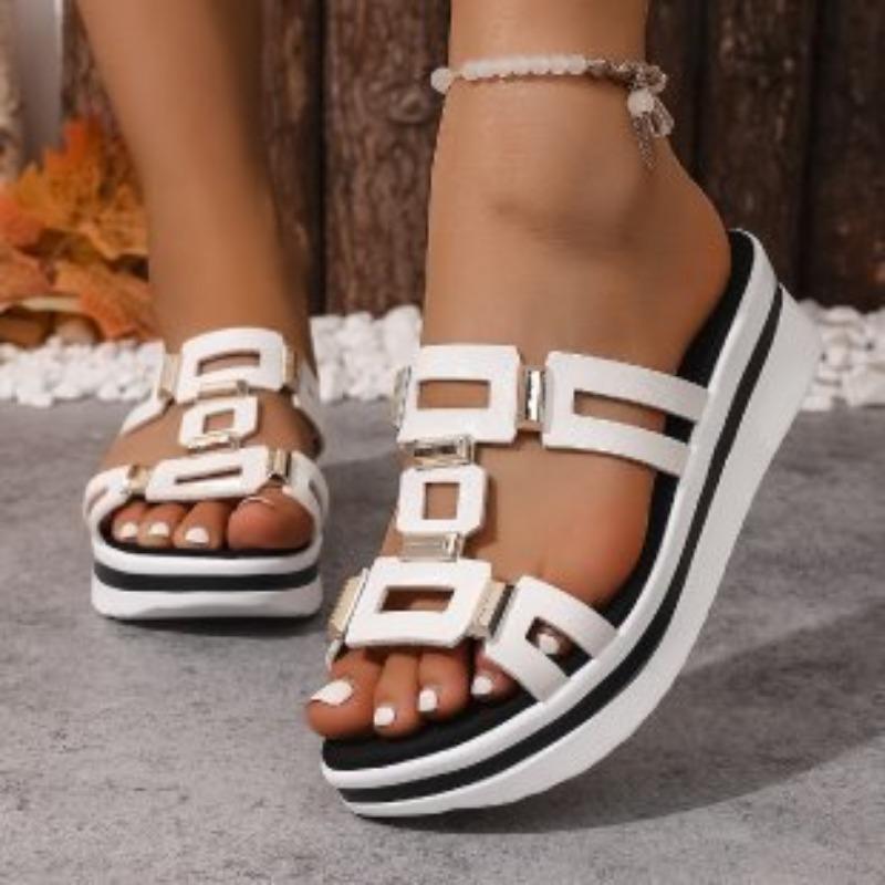 New Double-breasted Muffin Thick-bottomed One-word Slippers for Women's Leisure Going Out On the Beach Cool Slippers for Women