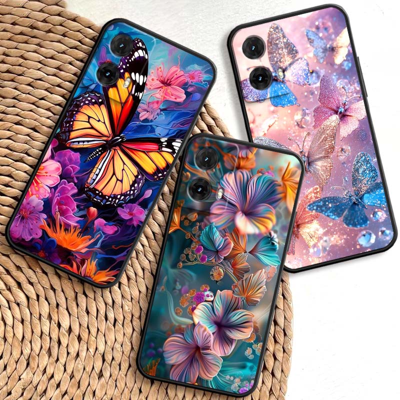 Butterfly Flower Pattern Phone Case For Motorola G85 Edge 50 G24 G35 G14 G04 40 G72 G34 G G54 G13 G32 5G Black