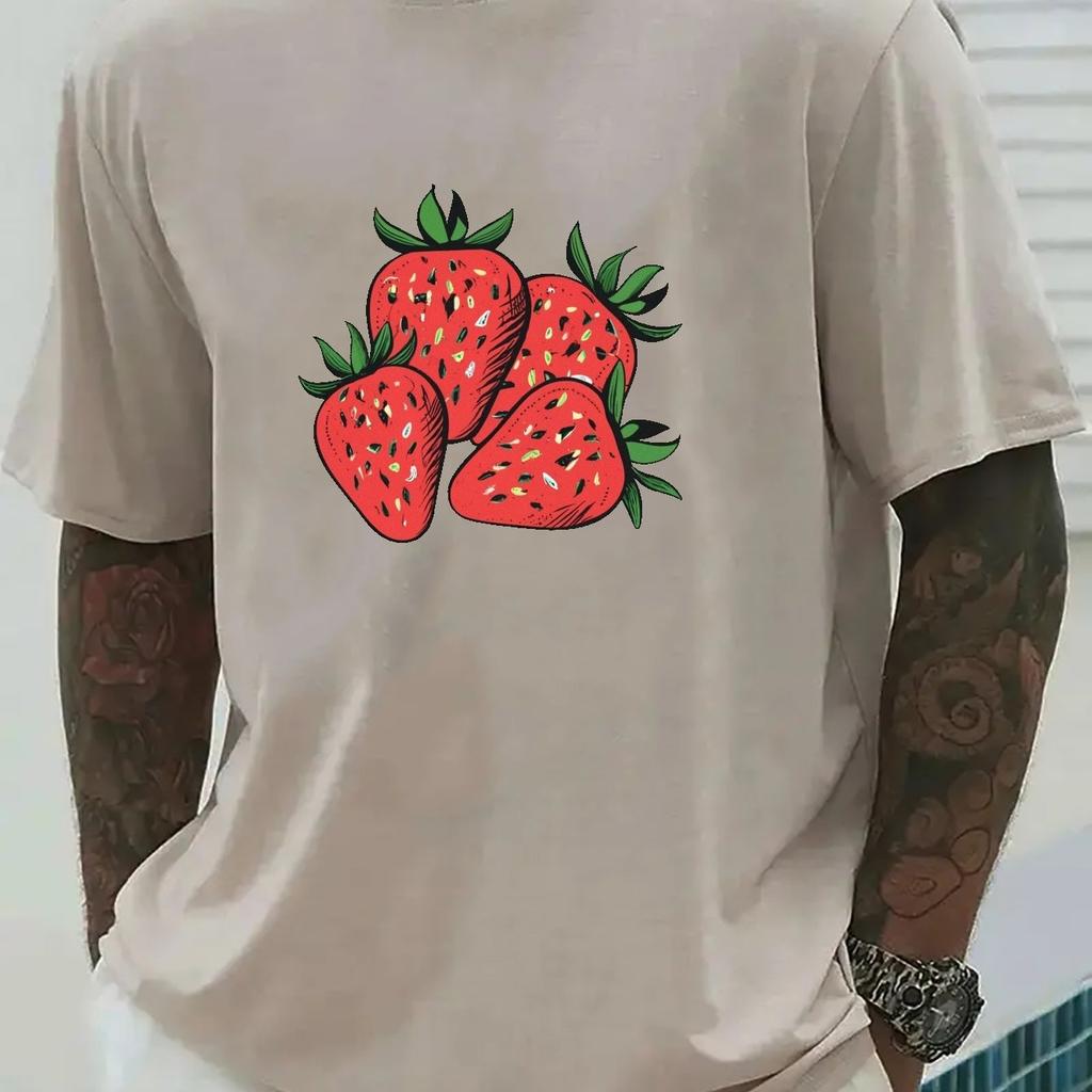 Strawberries Print Graphic Tee Men Casual Short Sleeve Crewneck Cotton Summer TShirt