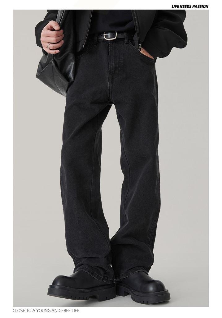 Men's Washed Black Wide-Leg Jeans - Casual Spring Streetwear Style