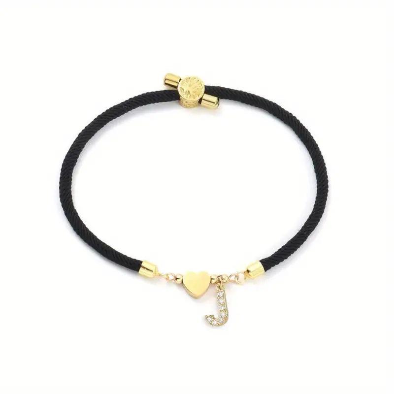 Classic A-Z Initial Heart Bracelet with Zircon on Adjustable Black Cord