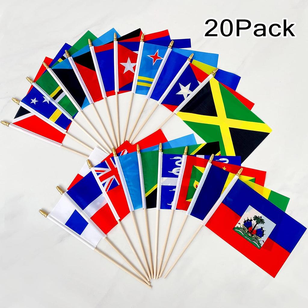 Caribbean 20 Countries Flags on Wood Stick Small Mini Hand Held Flag,5x8 Inch,20 Pack