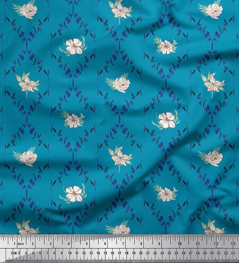 Soimoi Blue Poly Crepe Fabric Azalea & Peony Damask Print Fabric by the metre 42 Inch