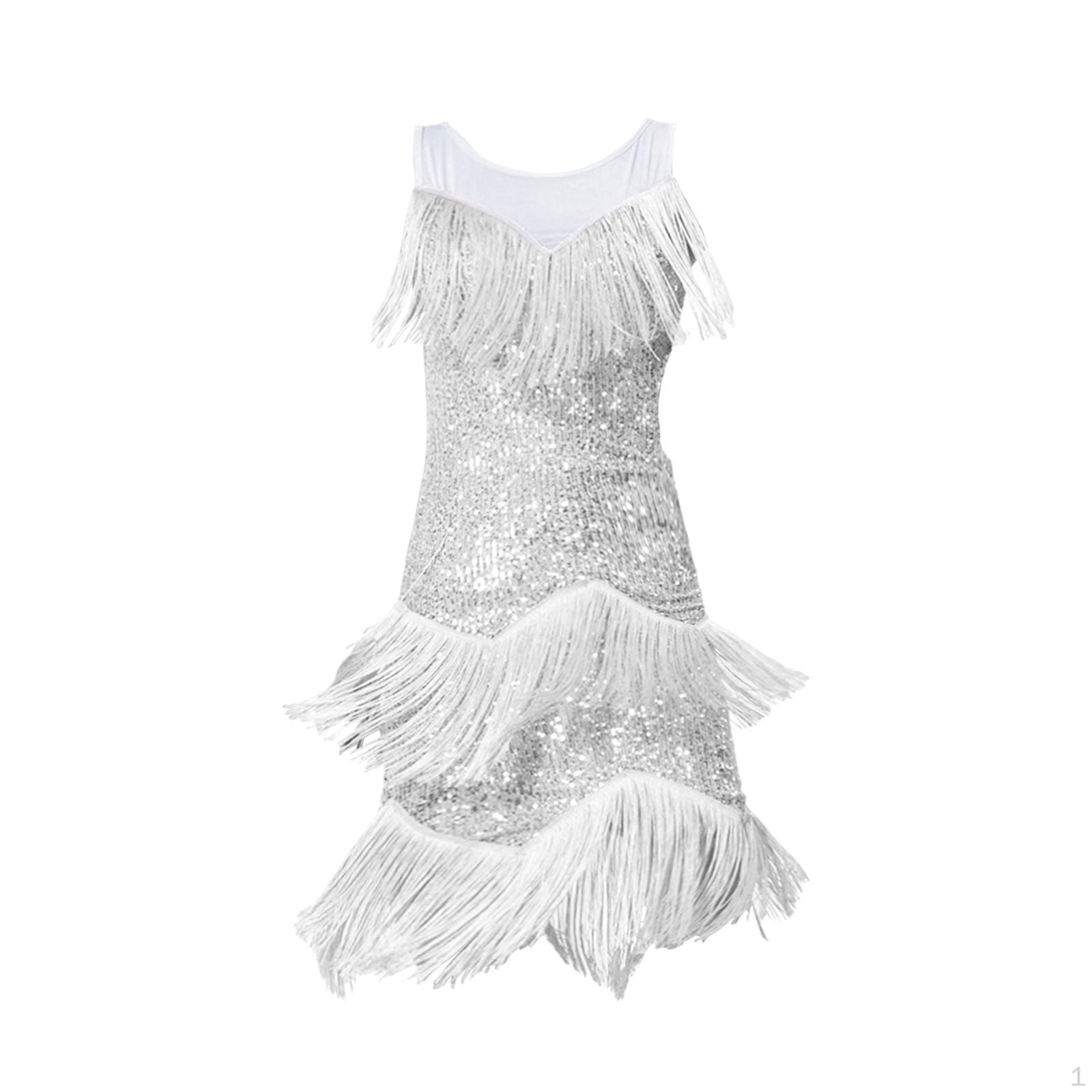 

Элегантное платье для латинских танцев с мерцающими пайетками и юбкой с бахромой Silver M