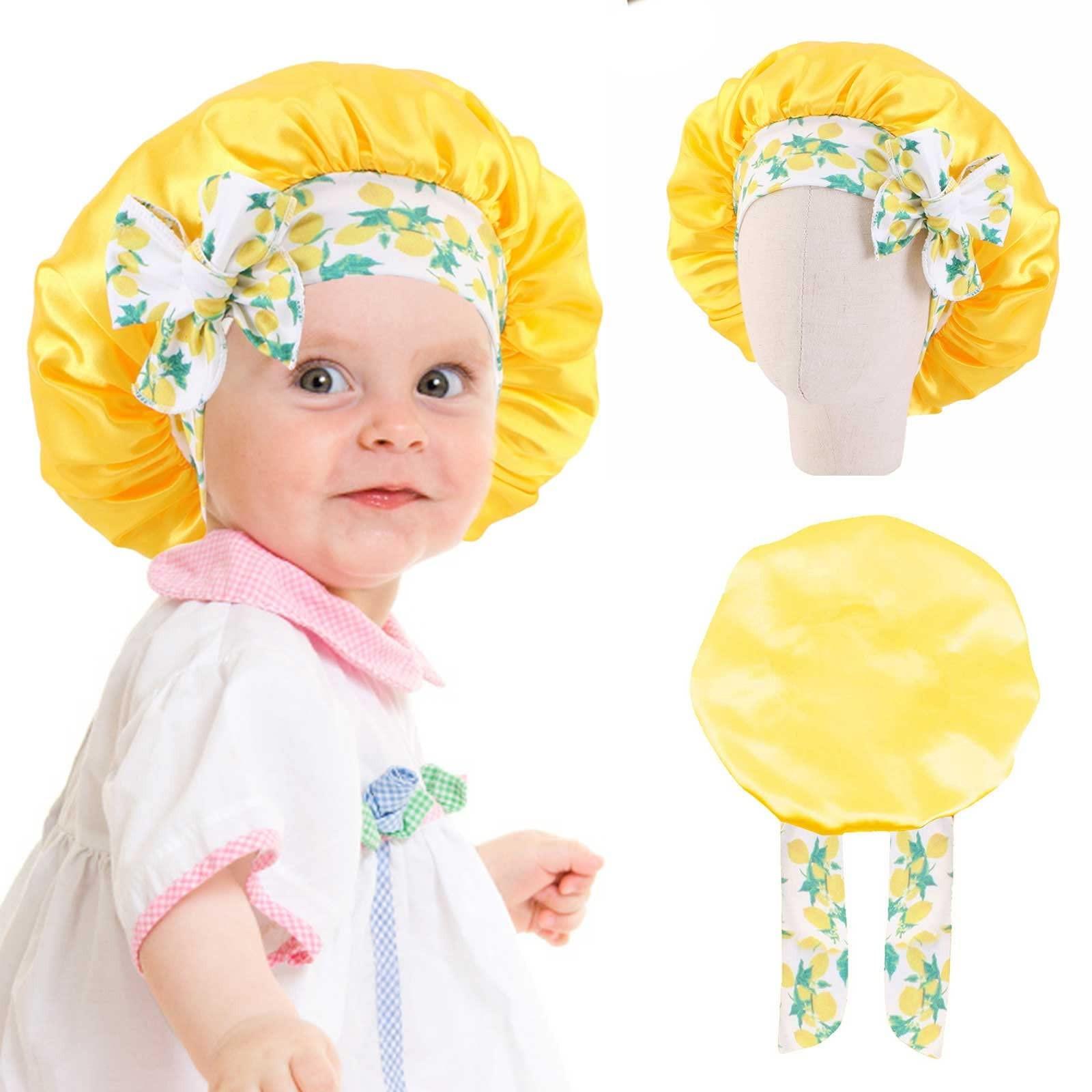 

Elastic Headband Satin Sleep Cap Kids Bow Tie Baby Satin Round Cap Hair Care Cap Solid Color Shower Cap One Size жёлтый
