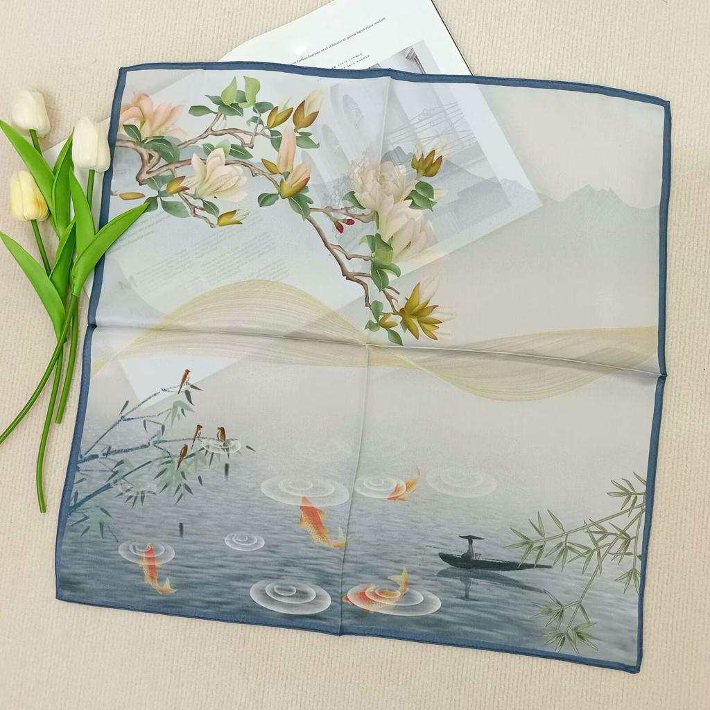 New Women Square 100% Natural Silk Scarf Foulard Bandana Lady Floral Neck Scarves for Hair Neckerchief Spring Bag Ties 53cm