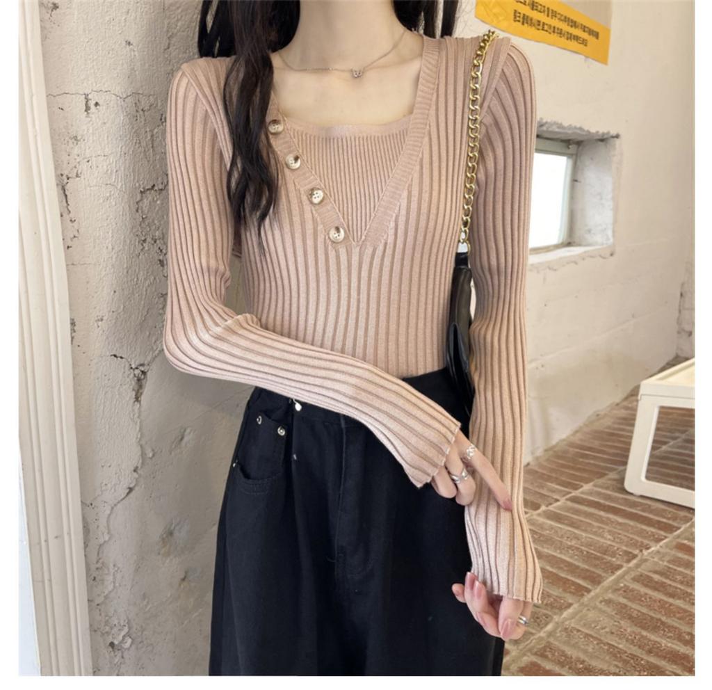 Fake two-piece knitted sweater women's autumn and winter 2025 new slim-fit versatile gentle wind square neck sweater